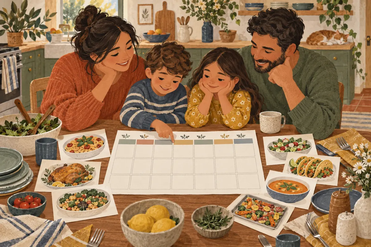 Illustration of a family planning dinners together with a blank chart and simple meal drawings.