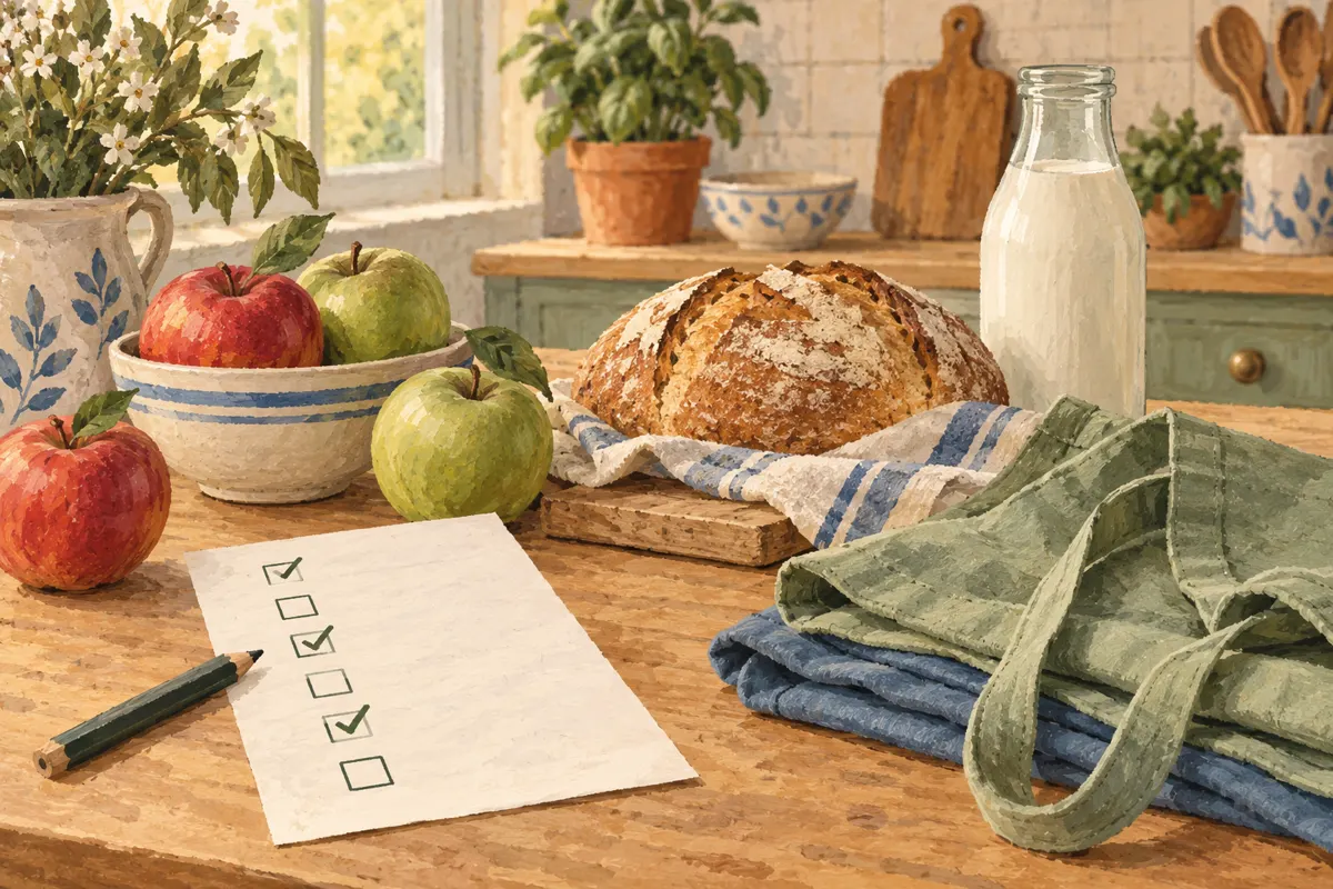 Illustration of a shared grocery checklist beside groceries and reusable shopping bags.
