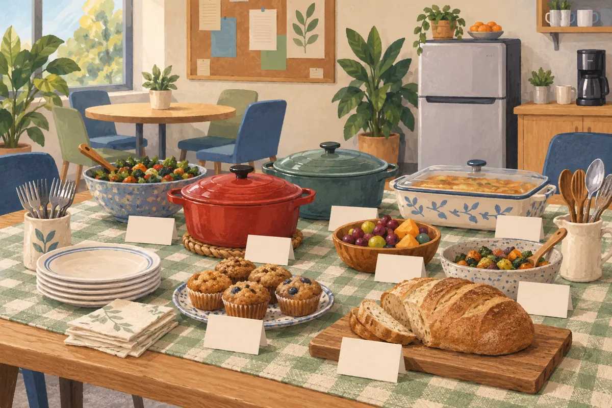 Illustration of a workplace potluck arranged in a break room with limited kitchen equipment.