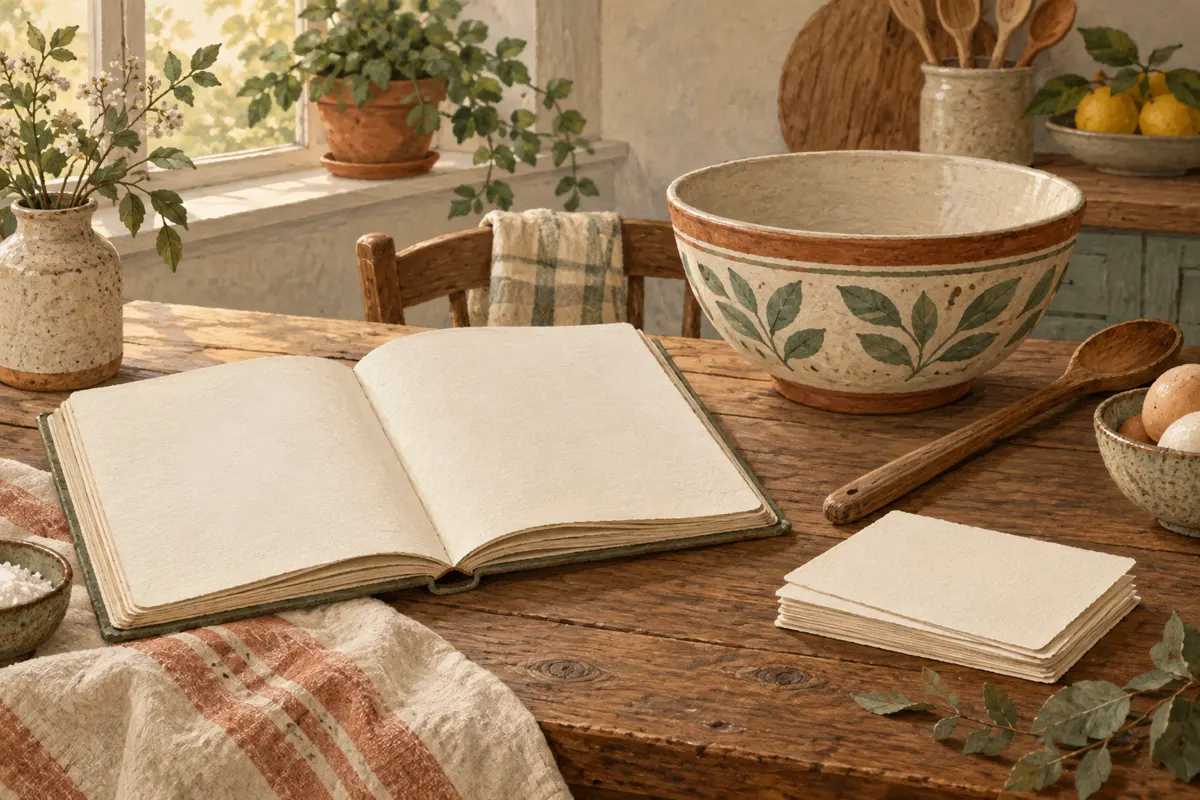 Illustration of a recipe notebook and cooking utensils on a kitchen table.