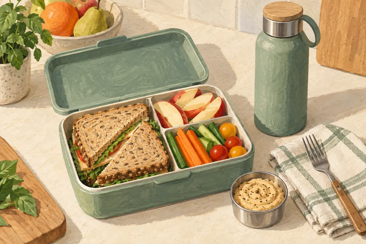 Illustration of lunch packed in reusable containers with a cloth napkin, fork and refillable bottle.