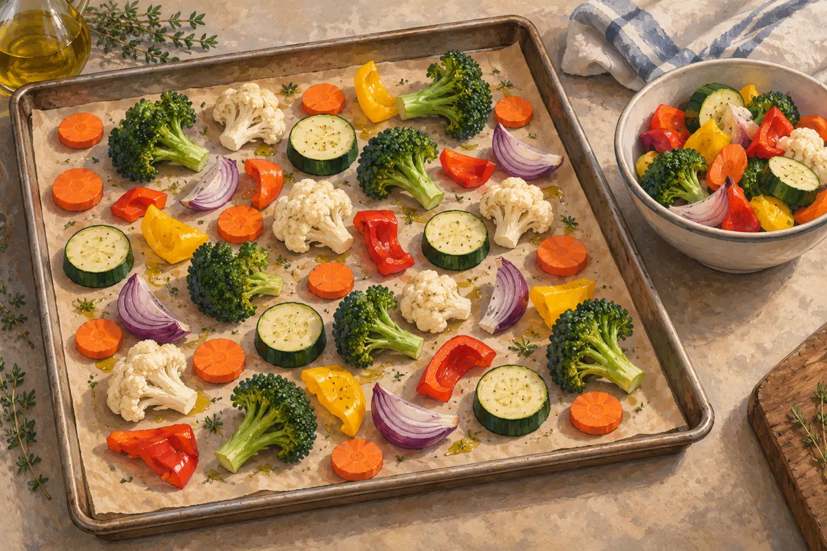 Illustration of mixed vegetables cut into different sizes and spaced in a single layer on a baking sheet.